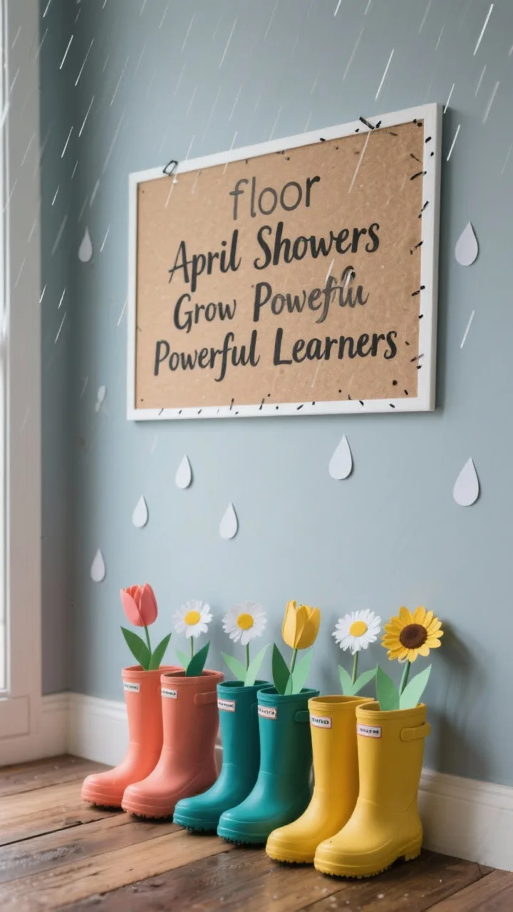 Photorealistic medium shot at a slight corner angle of a &ldquo;mudroom&rdquo; themed bulletin board: muted gray-blue background, kraft paper plank &ldquo;floor&rdquo; at the bottom, a neat row of colorful paper rain boots in coral, teal, and sunflower yellow, each boot holding paper tulips or daisies, scattered raindrop cutouts near the top, simple black or white dashed line border, and hand-penned header &ldquo;April Showers Grow Powerful Learners&rdquo;; cozy overcast daylight for a rainy-day feel.