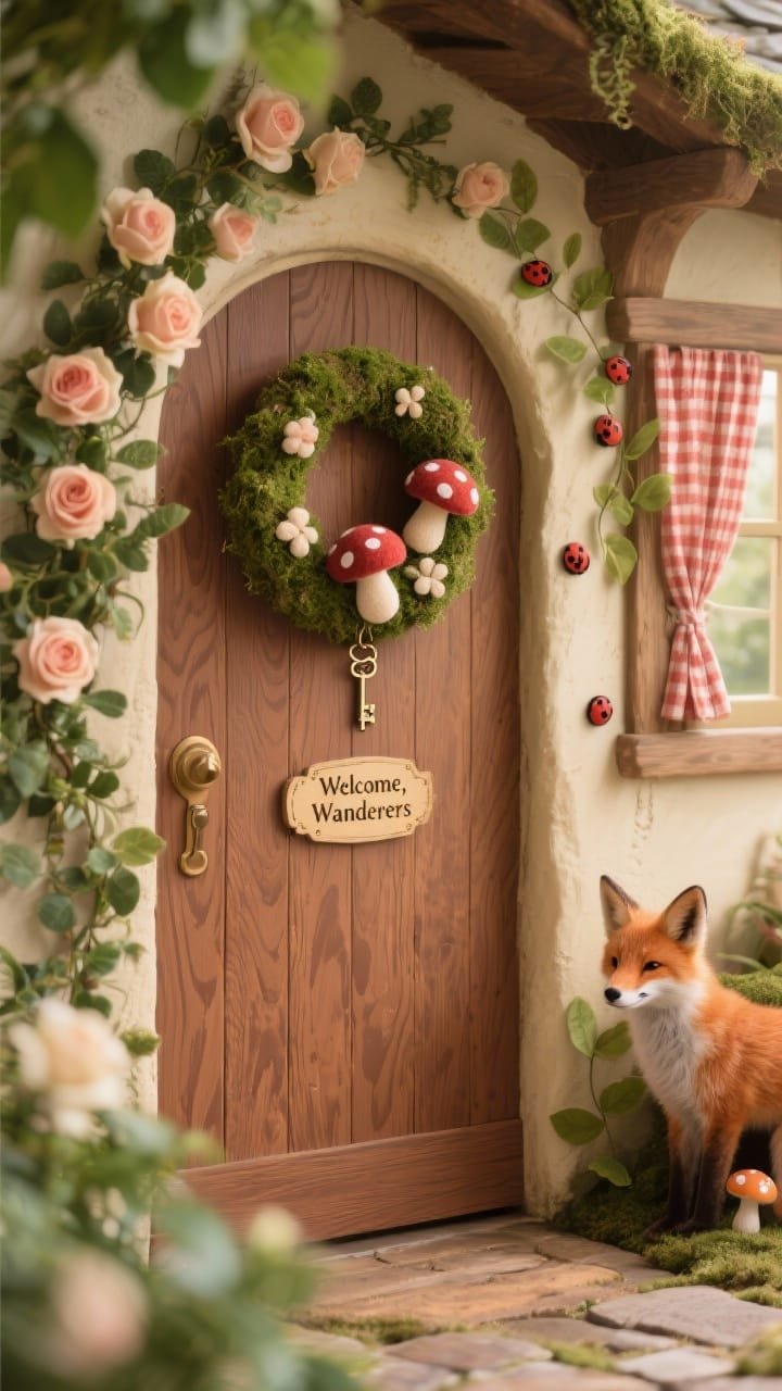 Photorealistic medium shot from a gentle corner angle: &ldquo;Secret Spring Doorway&rdquo; cottagecore scene&mdash;faux wood door in warm brown using wood-grain contact paper, mossy wreath with felt mushrooms and a tiny key charm, climbing roses and ivy framing the doorway; a &ldquo;Welcome, Wanderers&rdquo; plaque, a tiny window with cream-and-berry gingham curtains; small ladybugs on leaves and a subtle fox peeking from a corner; soft, storybook-style lighting with warm highlights.