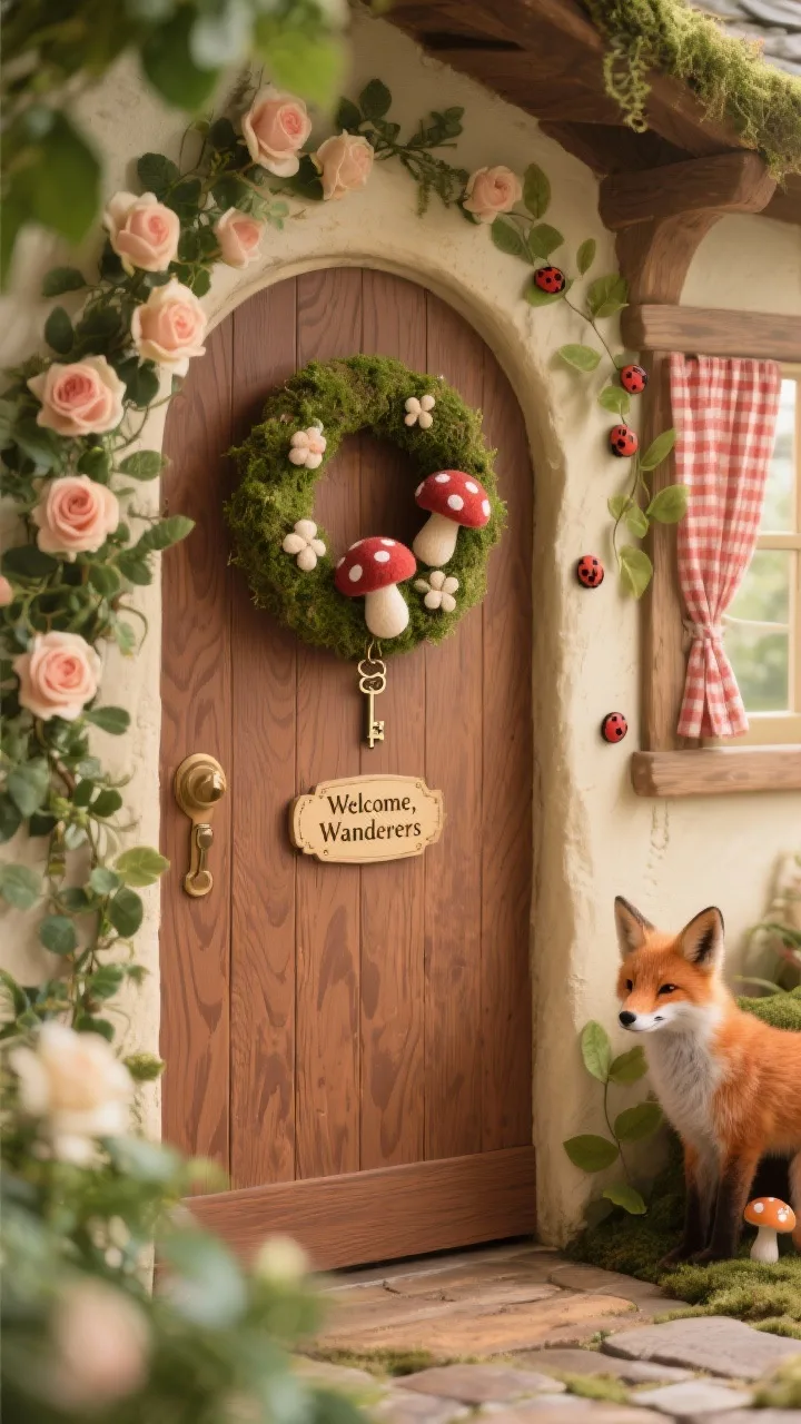 Photorealistic medium shot from a gentle corner angle: &ldquo;Secret Spring Doorway&rdquo; cottagecore scene&mdash;faux wood door in warm brown using wood-grain contact paper, mossy wreath with felt mushrooms and a tiny key charm, climbing roses and ivy framing the doorway; a &ldquo;Welcome, Wanderers&rdquo; plaque, a tiny window with cream-and-berry gingham curtains; small ladybugs on leaves and a subtle fox peeking from a corner; soft, storybook-style lighting with warm highlights.