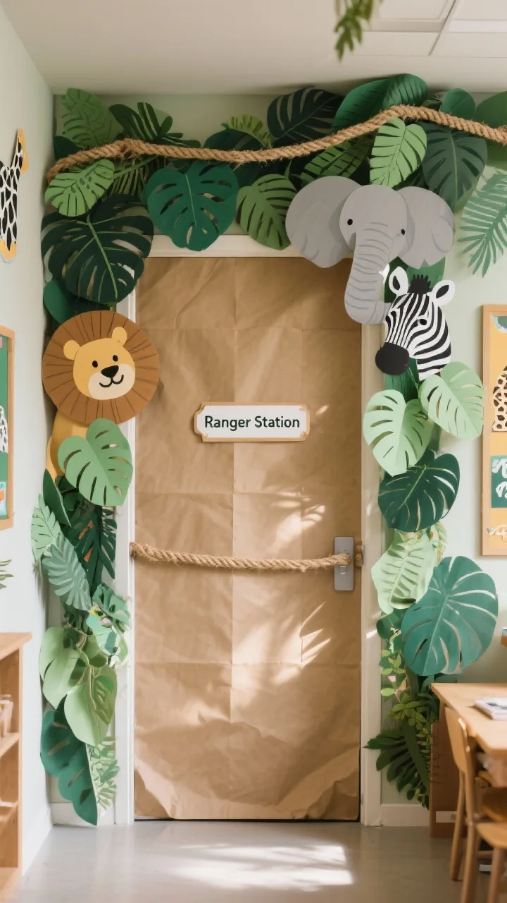 Photorealistic medium shot from a slight corner angle of a door wrapped in kraft paper, framed by layered paper monstera and leafy garlands in multiple jungle greens for depth; friendly animal faces—lion, elephant, zebra—peeking from edges; a small “Ranger Station” sign at eye level; a rope twine “vine” draped across the top for dimension; pops of animal pattern accents; soft, natural classroom lighting with gentle shadows emphasizing layered foliage.