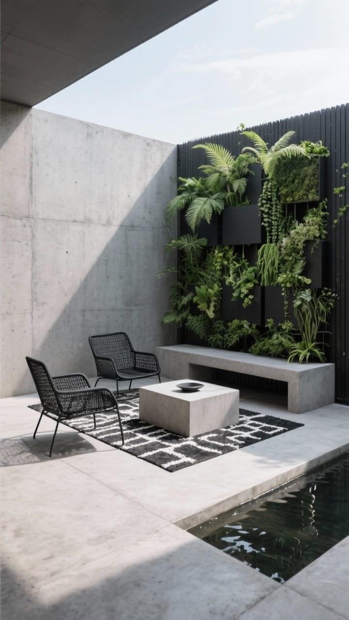 Photorealistic medium shot of a concrete courtyard corner: small pad of smooth polished concrete, modular vertical garden mounted on the fence with ferns, herbs, and creeping fig forming a living wall; two low-slung black steel lounge chairs with mesh backs, rectangular concrete bench doubling as coffee table, monochrome outdoor rug softening the hardscape; slim water feature along the edge for reflective sound; colors charcoal, black, deep green, cool gray; crisp daylight with soft reflections; angled perspective highlighting strong lines.