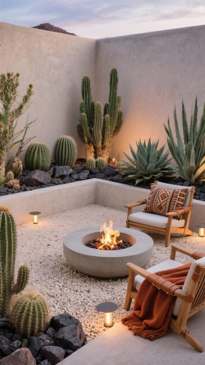 Photorealistic medium shot of a desert-chic fire bowl corner: pale sand pea gravel ground, asymmetrical groupings of barrel cacti, agave, and aloe with lava rock mulch, sleek concrete fire bowl centered, low-profile acacia chairs with wide arms and tan leather straps circling the fire, a woven kilim pillow and rust-toned throw draped; discreet ground spotlights uplighting sculptural plants; colors sand, charcoal, rust, cactus green; textures lava rock, leather, grainy wood, rough concrete; twilight ambiance with flames visible.