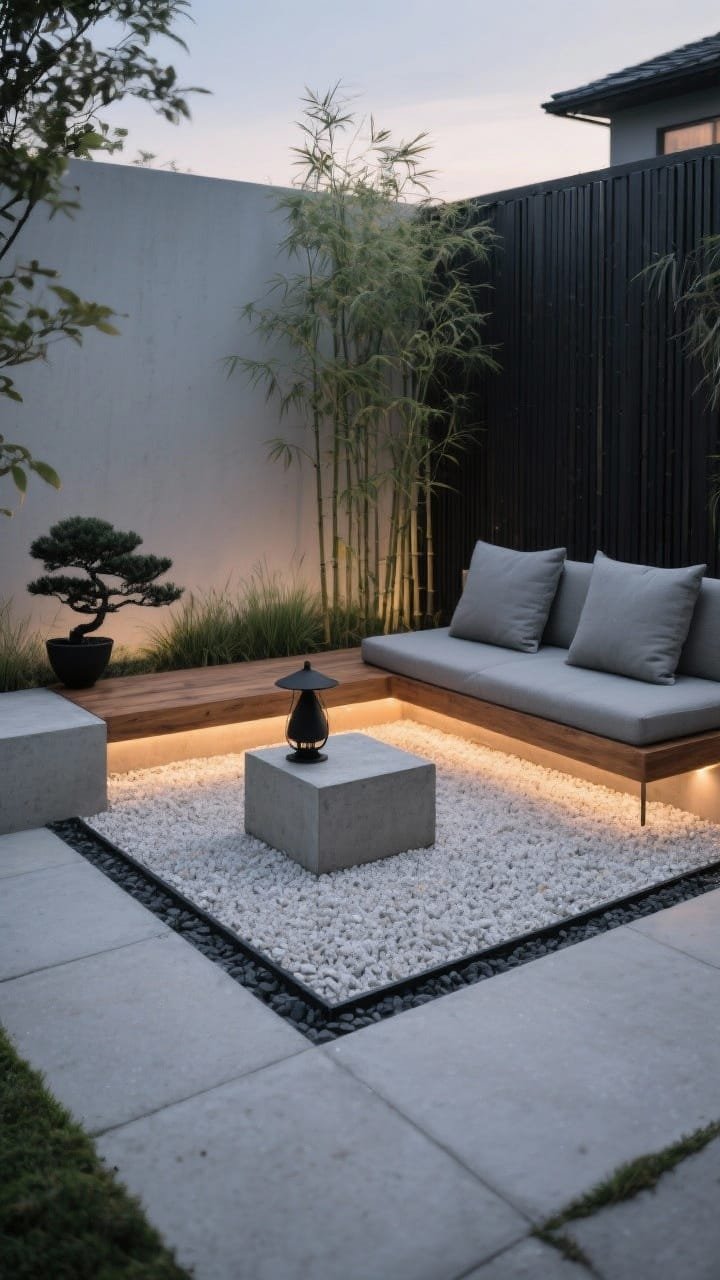 Photorealistic medium shot of a minimal Zen gravel lounge in a backyard corner: a square of pale gravel framed by smooth concrete pavers and matte-black steel edging, tall bamboo screen along the fence gently swaying, a low teak platform bench with stone-gray cushions, chunky concrete side table, single sculptural black lantern; clumping bamboo, Japanese forest grass, and a small potted black pine; warm LED strip tucked under the bench creating a floating effect; color palette soft gray, natural teak, matte black, pale stone; calm, clean lines; shot at dusk with gentle glow, straight-on corner angle.