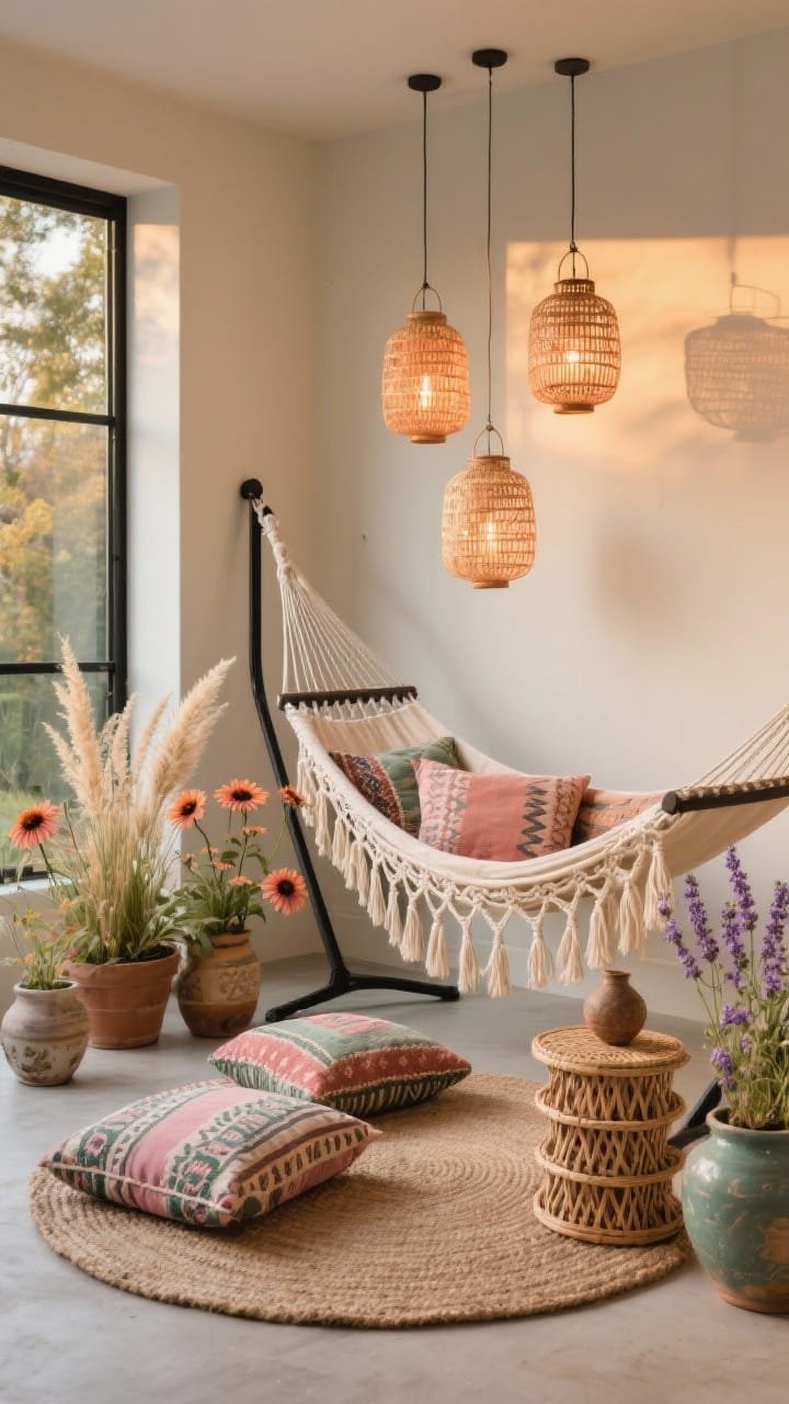 Photorealistic medium shot of a modern boho hammock corner: macram&eacute; hammock stretched on a freestanding black metal frame, surrounded by planters of echinacea, ornamental grasses, and lavender for a wildflower feel; patterned floor cushions on a round jute rug, stackable rattan stool as side table; trio of woven lanterns hung at staggered heights emitting a soft glow; colors cream, terracotta, dusty pink, sage; decor includes tassel throws, kilim pillows, mismatched pottery; relaxed, eclectic vibe at golden hour.