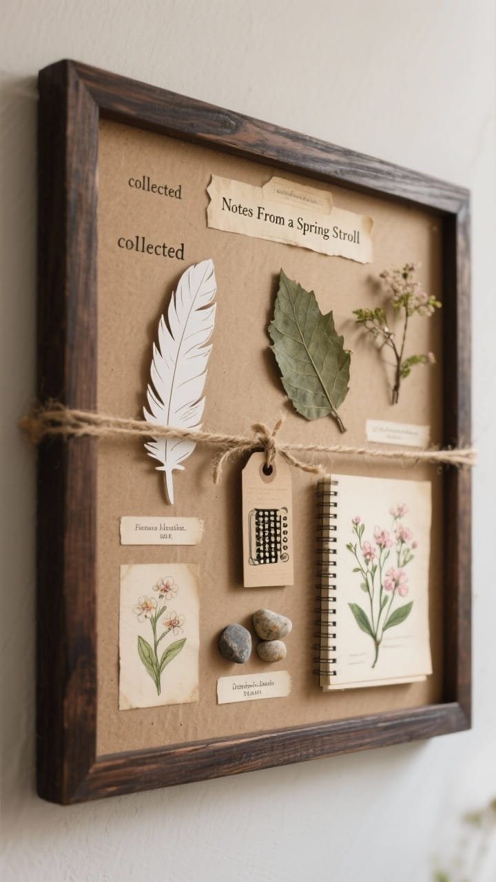 Photorealistic medium shot of a nature walk specimen board: parchment or kraft background with a dark wood-look frame border, neatly mounted “collected” pieces—pressed-look paper leaves, feather cutouts, small pebble illustrations, labeled spring blooms with scientific names on typewriter-style tags—jute string tying little identification tags; header in typewriter font reads “Notes From a Spring Stroll”; soft, museum-like lighting for a field journal vibe.