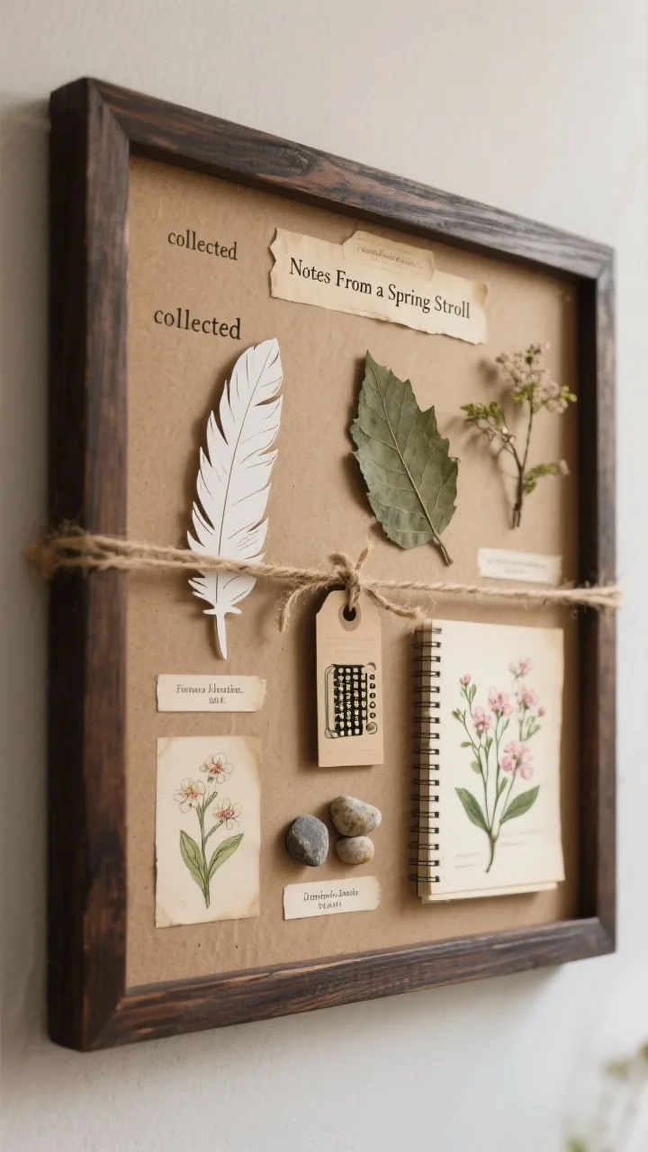 Photorealistic medium shot of a nature walk specimen board: parchment or kraft background with a dark wood-look frame border, neatly mounted &ldquo;collected&rdquo; pieces&mdash;pressed-look paper leaves, feather cutouts, small pebble illustrations, labeled spring blooms with scientific names on typewriter-style tags&mdash;jute string tying little identification tags; header in typewriter font reads &ldquo;Notes From a Spring Stroll&rdquo;; soft, museum-like lighting for a field journal vibe.