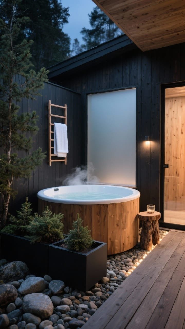 Photorealistic medium shot of a Nordic spa corner: round cedar hot tub nestled into a corner deck, framed by smooth river pebbles and matte-black planter boxes with juniper and dwarf spruce; wall-mounted towel ladder, small log stool for drinks, frosted-glass privacy panel; discreet path lights leading in, soft steam rising in the cool night air; colors cedar, charcoal, frosted white, evergreen; textures wood grain, water, pebble, brushed metal; moody nighttime ambiance from low, warm lighting.