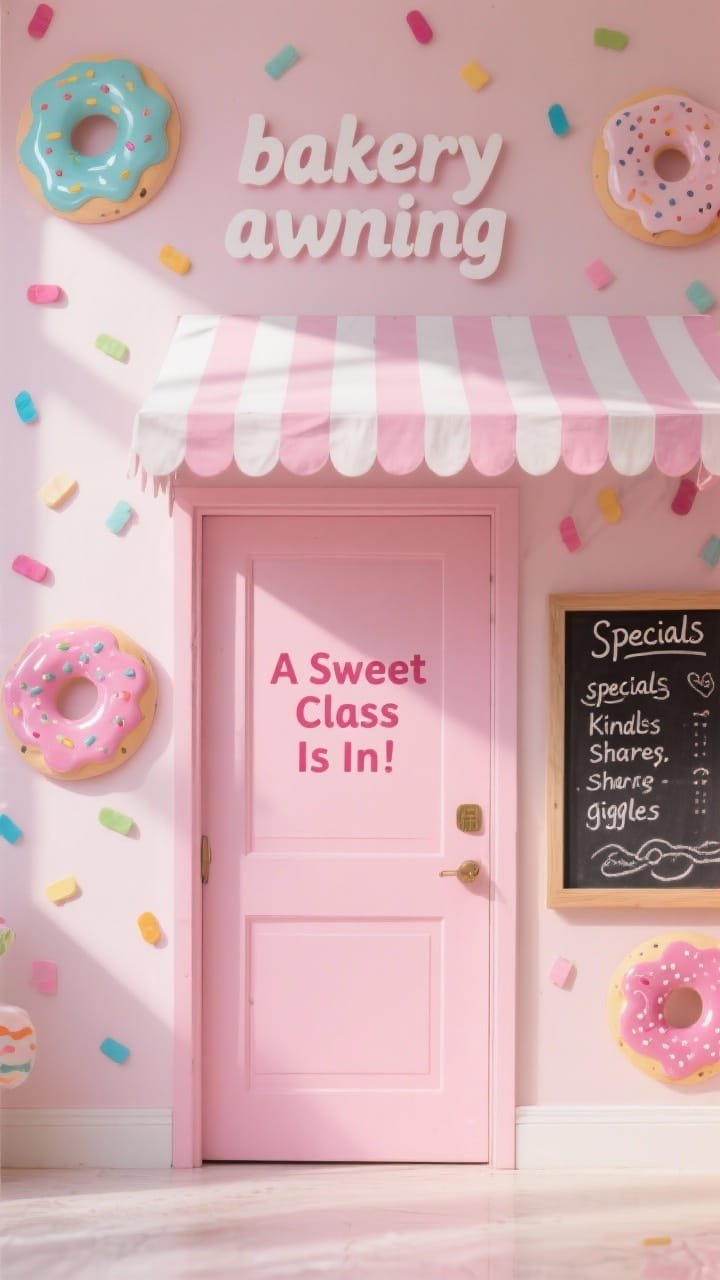 Photorealistic medium shot of a pastel pink door with a protruding striped &ldquo;bakery awning&rdquo; (layered paper, about 1&ndash;2 inches depth); scattered oversized sprinkle shapes and watercolor donut cutouts with glossy glaze highlights; lettering: &ldquo;A Sweet Class Is In!&rdquo;; a faux chalkboard menu listing classroom &ldquo;specials&rdquo; like kindness, sharing, giggles; pastel and candy-bright palette with soft, diffused lighting to enhance gloss and pastel tones.