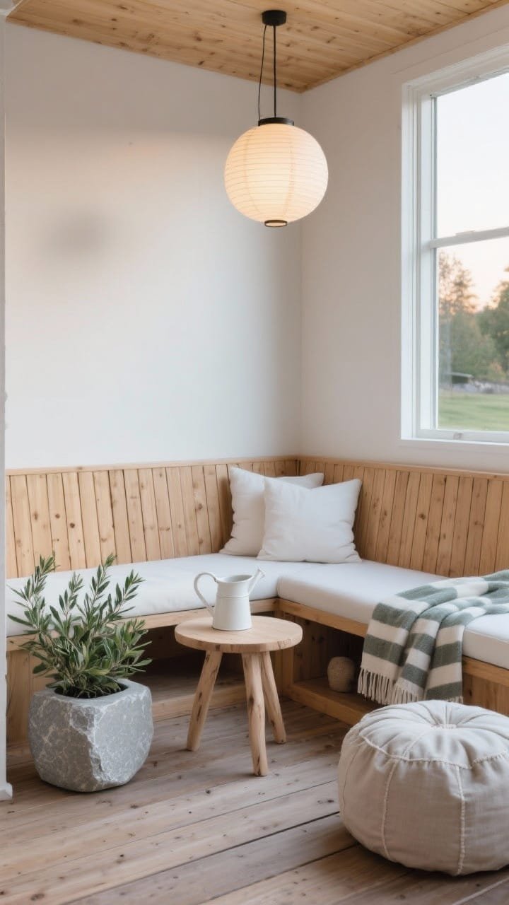 Photorealistic medium shot of a Scandinavian cedar deck corner: compact cedar deck floating slightly above ground, built-in slatted bench wrapping the corner with hidden storage, off-white cushions, simple round birch side table, stone planter with silver-green olive or rosemary; thin striped throw, matte-white watering can, linen pouf; overhead globe lantern casting soft glow; colors blonde wood, white, soft gray, sage; clean, bright, functional; early evening soft light; corner angle.