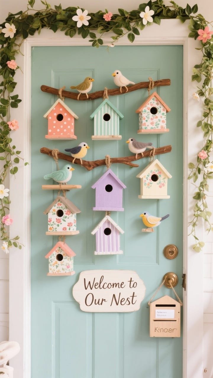 Photorealistic medium shot, straight-on: &ldquo;Birdhouse Boulevard&rdquo; door with multiple layered birdhouses hung from painted walnut-brown branches; each birdhouse has unique patterns&mdash;polka dots, stripes, florals&mdash;in coral, mint, lavender, buttercream; miniature perches, felt birds peeking out; faux ivy draped across the top with a few paper blossoms spilling down the sides; a handwritten &ldquo;Welcome to Our Nest&rdquo; sign and a tiny mailbox cutout for kindness notes; soft, diffused light for a cheerful feel.