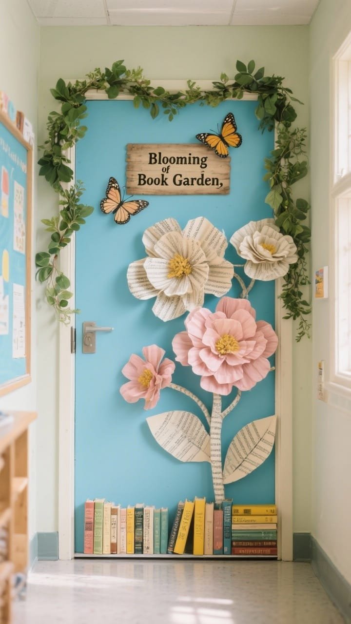 Photorealistic medium shot, straight-on classroom door styled as a &ldquo;Blooming Book Garden&rdquo;: sky-blue pastel background, oversized paper blooms crafted from repurposed book pages and blush/cream tissue paper with inked edges for depth, fluttering cardstock butterflies perched on corners, leafy faux greenery garland wrapping the door frame, rustic sign reading &ldquo;Garden of Stories,&rdquo; mini stacked &ldquo;book spines&rdquo; along the bottom edge; palette of sky blue, blush, butter yellow, sage, cream; soft natural hallway lighting.