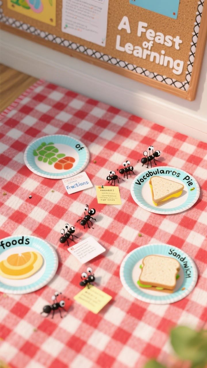 Photorealistic overhead detail shot of a picnic blanket bulletin board: red-and-white gingham background filling the frame, layered paper plates labeled as learning “foods” like “Fractions Pie” and “Vocabulary Sandwich,” tiny cartoon ants forming a trail and carrying small index cards of facts, black ric-rac or scalloped border just peeking at the edge, header “A Feast of Learning” partially visible; playful bright lighting.