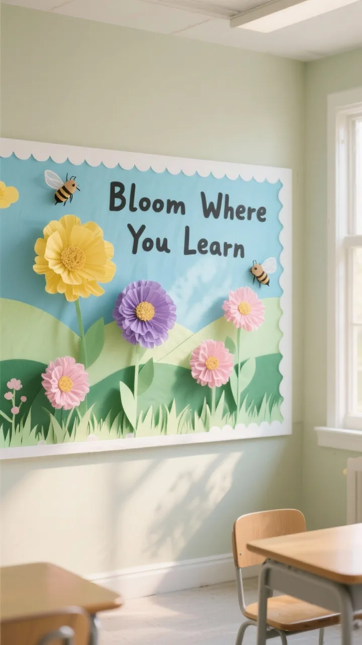 Photorealistic straight-on medium shot of a classroom bulletin board styled as a sunlit pastel meadow: soft mint-to-sky-blue background with layered sage and moss green paper hills, oversized paper wildflowers in buttercup yellow, lavender, and blush pink with crimped cardstock petals and crepe paper centers, tiny kraft-paper bees with translucent vellum wings, a simple white scalloped border, and a hand-lettered charcoal header reading &ldquo;Bloom Where You Learn&rdquo;; gentle morning window light, clean, airy mood.