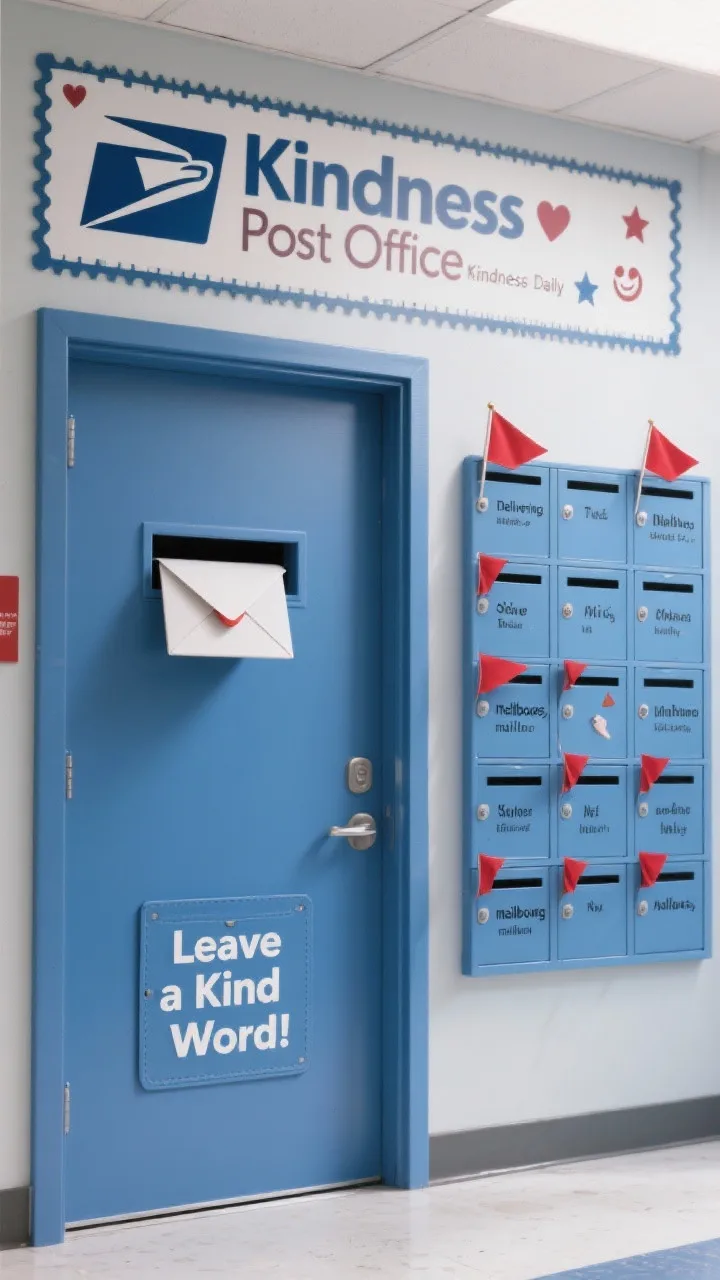 Photorealistic straight-on medium shot of a “Kindness Post Office” door in postal blue: a mail slot with a 3D envelope peeking out; a neat grid of mini “mailboxes,” each labeled with a student name and a raised red flag; headline “Delivering Kindness Daily”; postage-stamp borders with icons—hearts, stars, smiley faces; a real pocket labeled “Leave a Kind Word!”; clean, even lighting to emphasize crisp edges and raised elements.