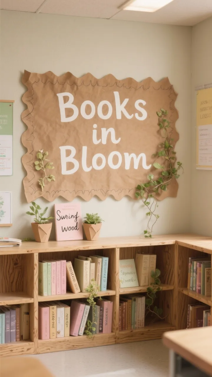 Photorealistic straight-on medium shot of a spring library nook bulletin board: linen-look neutral background, brown butcher paper &ldquo;wood&rdquo; shelves with sketched wood grain, tall narrow pastel and neutral book spines with hand-lettered spring titles, small paper plant pots and trailing vines tucked between books, kraft scalloped border, and a centered header &ldquo;Books in Bloom&rdquo;; soft, warm classroom lighting, calm and cozy.