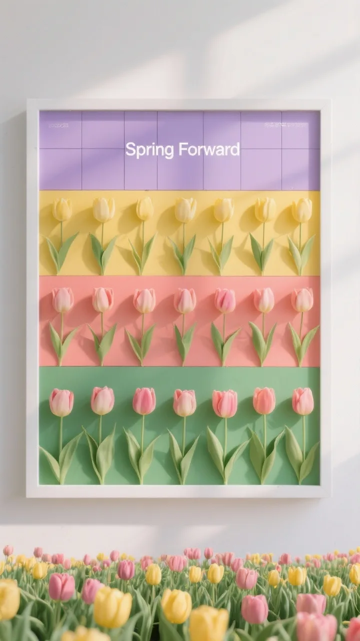 Photorealistic straight-on medium shot of a tulip field color-block board: horizontal rows of soft lavender, sunny yellow, coral pink, and fresh green forming crisp color blocks, stylized geometric tulips planted in each row with layered petals that cast subtle shadows, a clean white border, and a minimal header &ldquo;Spring Forward&rdquo;; even, modern lighting with faint grid lines for tidy precision.