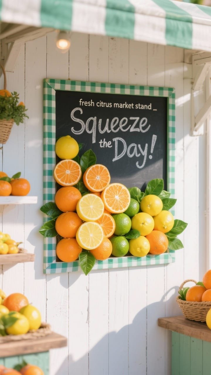 Photorealistic straight-on wide shot of a “fresh citrus market stand” bulletin board: backdrop covered in white shiplap-style paper or vertical white stripes, clusters of hand-cut oranges, lemons, and limes in bright tangerine, lemon, and chartreuse with glossy leaf green leaves that catch light like sticker shine, a green or navy gingham border, and a chalkboard-style header that reads “Squeeze the Day!”; crisp, sunny lighting for a cheerful market vibe.