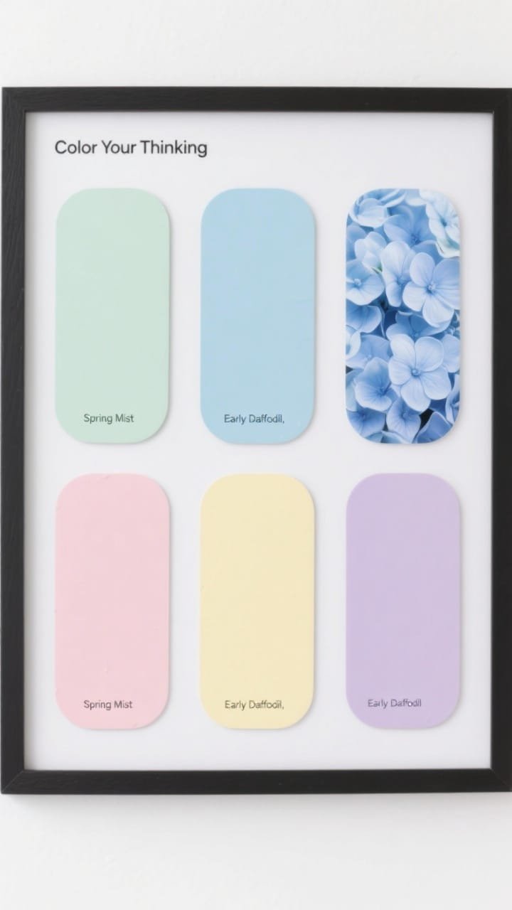 Photorealistic straight-on wide shot of a minimal pastel paint swatch bulletin board: pristine white background, a tidy grid of oversized paint swatches in pistachio, hydrangea blue, ballet pink, lemon sorbet, and lavender, each swatch with a printed shade name like “Spring Mist” or “Early Daffodil,” a thin black washi border, and a clean sans-serif header “Color Your Thinking”; even studio-style lighting for a modern, graphic look.