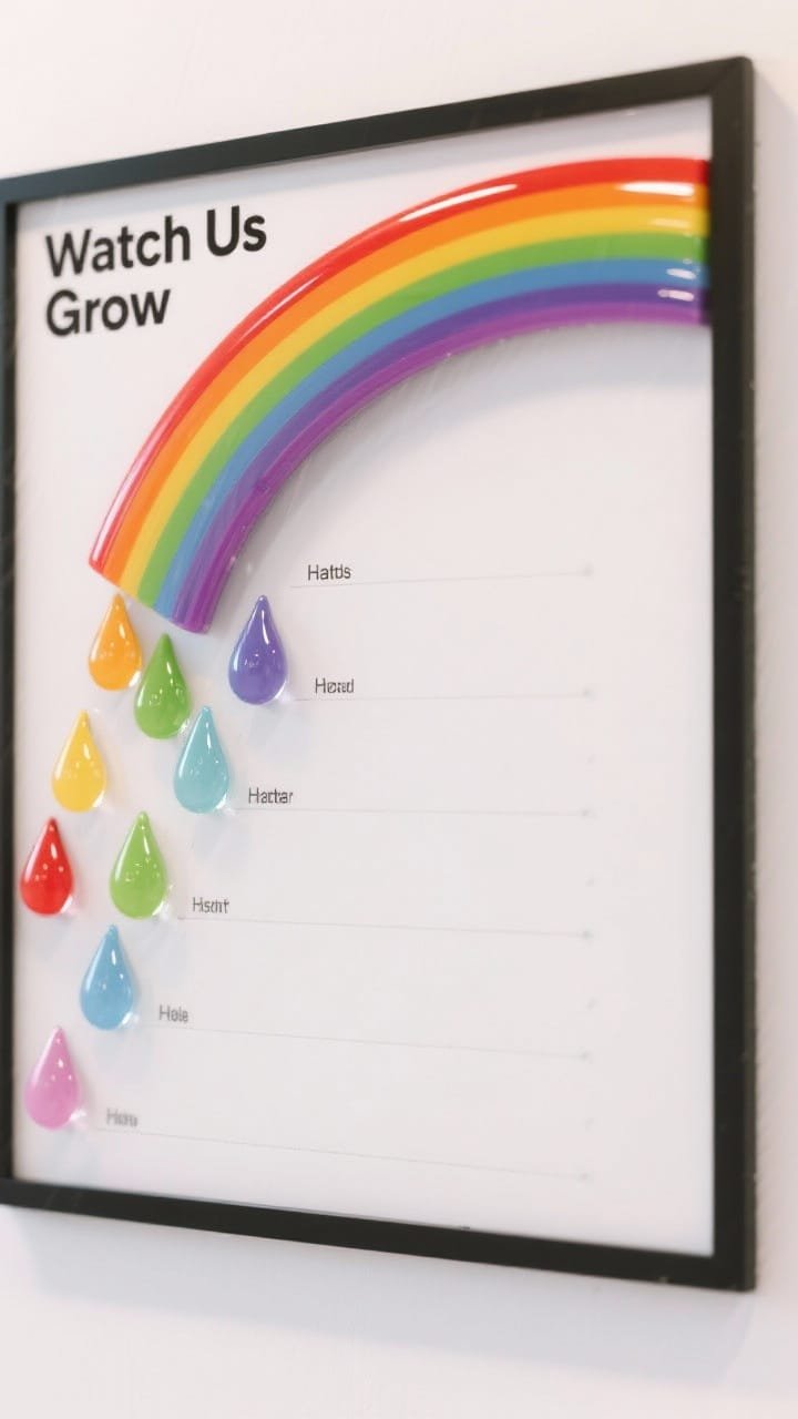 Photorealistic straight-on wide shot of a rainbow raindrops growth tracker: clean white background, bold partial rainbow arcs draped across the top corner, glossy laminated raindrops in saturated rainbow gradients falling from the arcs and neatly labeled for habits or milestones, a narrow black border, and a bold header “Watch Us Grow”; bright, crisp lighting enhances the glossy shine on drops.