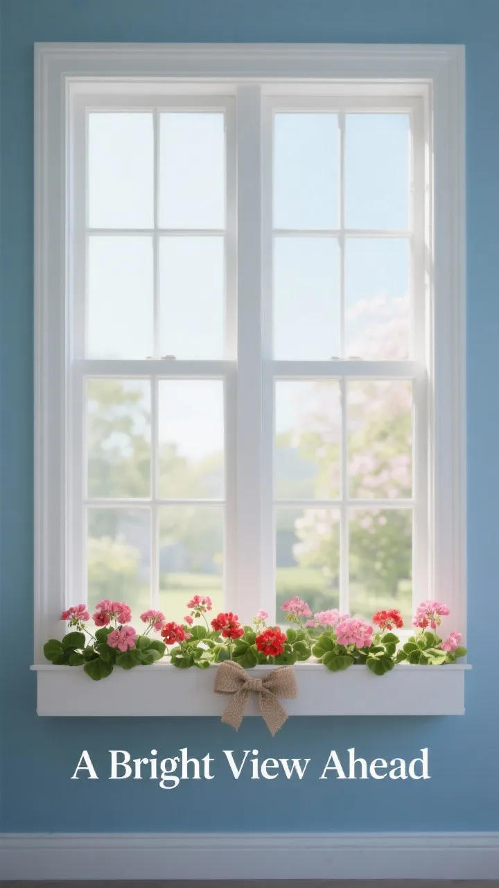 Photorealistic straight-on wide shot of a spring window panes board: mid-tone blue background with four large crisp white window panes created by thin trim lines, subtle shadowing around panes for depth, a dimensional flower box along the bottom stuffed with paper geraniums in pink-red and lush leaf green, a tiny burlap bow tied at the box, and a neat serif header &ldquo;A Bright View Ahead&rdquo;; bright natural window light to sell the outdoor illusion.