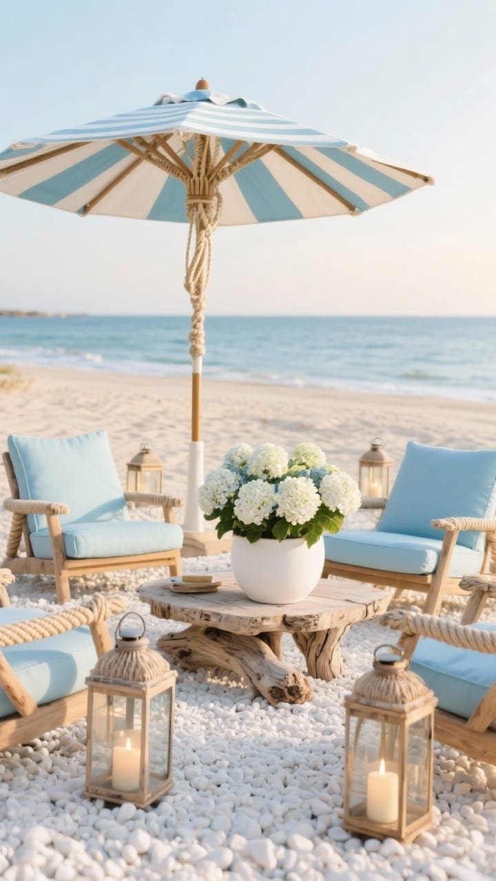 Photorealistic wide coastal lounge scene: white gravel base, pale blue-and-cream striped umbrella open, rope-accented lounge chairs with natural teak frames and powder-blue cushions, driftwood-style coffee table centered, large white planter overflowing with hydrangeas; lanterns with faux candles placed around for candlelit beach vibe; colors powder blue, cream, sand, white; textures rope, linen, weathered wood; golden hour lighting with gentle shadows; straight-on seaside-inspired composition.