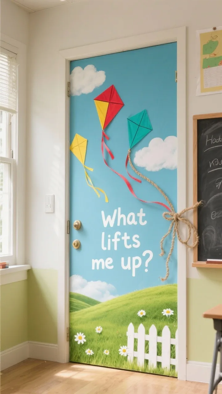 Photorealistic wide shot from a slight corner angle: a classroom door transformed into a breezy spring sky with hand-cut diamond kites in red, yellow, teal sailing across fluffy white clouds; long ribbon-tied tails trailing off the door and onto the wall, gently curved to suggest motion; base shows a rolling grassy green hill with a simple white picket fence and tiny daisies; a chalkboard-vinyl cloud reading &ldquo;What lifts me up?&rdquo; awaiting student affirmations; materials read as butcher paper, ribbon, twine; bright, cheerful daylight.