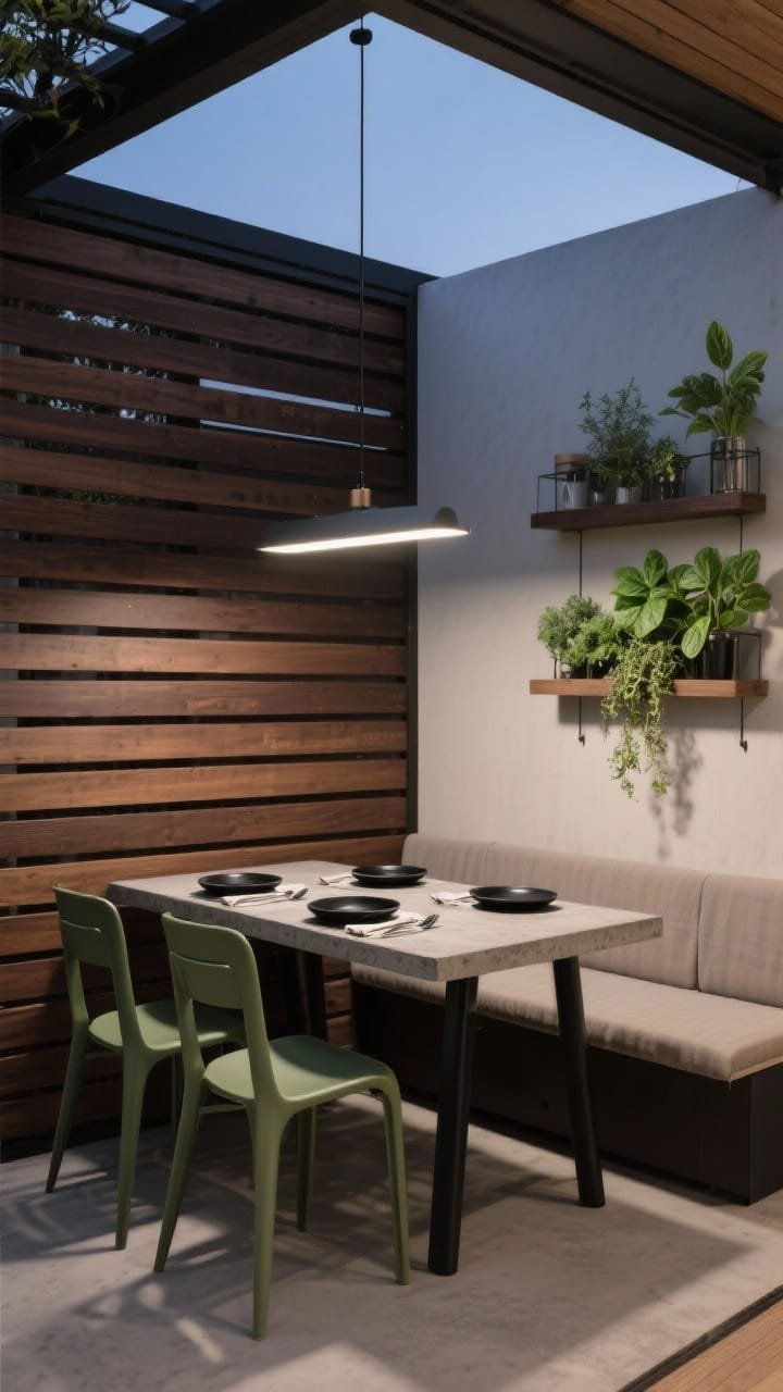 Photorealistic wide shot of a contemporary dining corner: horizontal slatted wood screen stained espresso creating intimacy, wall-mounted herb bar with mint, basil, and thyme; compact rectangular table with cement top and slim black legs, four stackable olive polypropylene chairs; linear outdoor pendant hanging above for a restaurant feel; narrow bench along the screen for extra seating; tabletop styled with black stoneware plates, linen napkins, matte cutlery; colors espresso, olive, black, soft gray; evening scene with pendant glow; straight-on dining perspective.