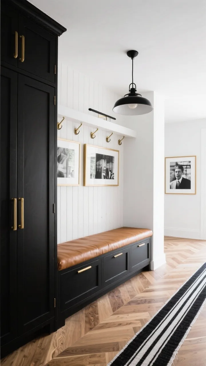 Photorealistic wide shot of a high-contrast gallery mudroom: inky black satin-finish built-ins with flat-panel closed cabinetry and a camel leather cushioned bench, brushed brass finger pulls, crisp white walls, European oak herringbone floors; a wall ledge displaying oversized black-and-white photography in thin brass frames with slim brass picture lights above; minimalist black linear pendant overhead, discreet black peg hooks set into a plank backboard, and a narrow runner with graphic black-and-white stripes&mdash;straight-on view, bright balanced lighting, no people.