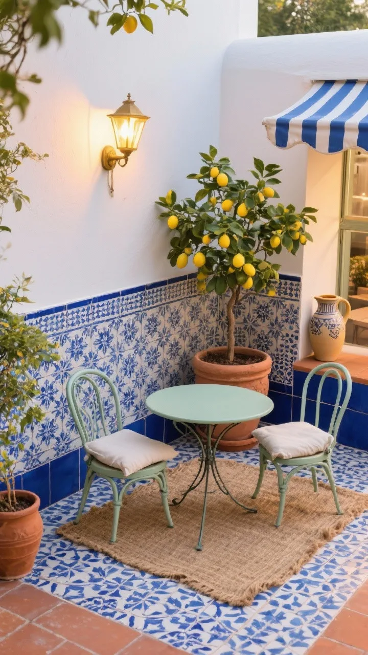 Photorealistic wide shot of a Mediterranean tile nook: patterned Moroccan/Spanish tiles in cobalt and white underfoot, a potted Meyer lemon tree tucked into the corner, slender iron bistro table in soft sage with two curved-back chairs and airy linen cushions, jute rug layered, vintage-style outdoor sconce casting warm golden light at dusk; decor includes terracotta pots, ceramic pitcher, striped caf&eacute; umbrella partially shading the scene; colors cobalt, white, sage, warm terracotta; crisp, sun-washed caf&eacute; vibe; shot from a slight overhead corner perspective.