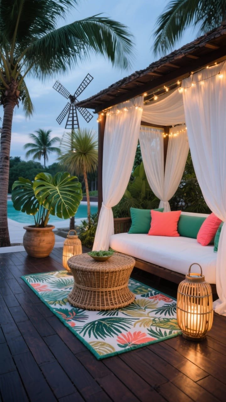 Photorealistic wide shot of a tropical resort corner: dark-stained deck tiles, canopy daybed draped in gauzy white outdoor curtains, potted palms (kentia, sago, windmill) and glossy monstera adding drama; woven rattan side table, bright coral and emerald cushions; bamboo lanterns and a patterned outdoor rug with tropical motif; warm fairy lights tucked into the canopy for a dreamy vacation mood; colors deep wood, emerald, coral, crisp white; evening glow; straight-on view emphasizing the daybed.