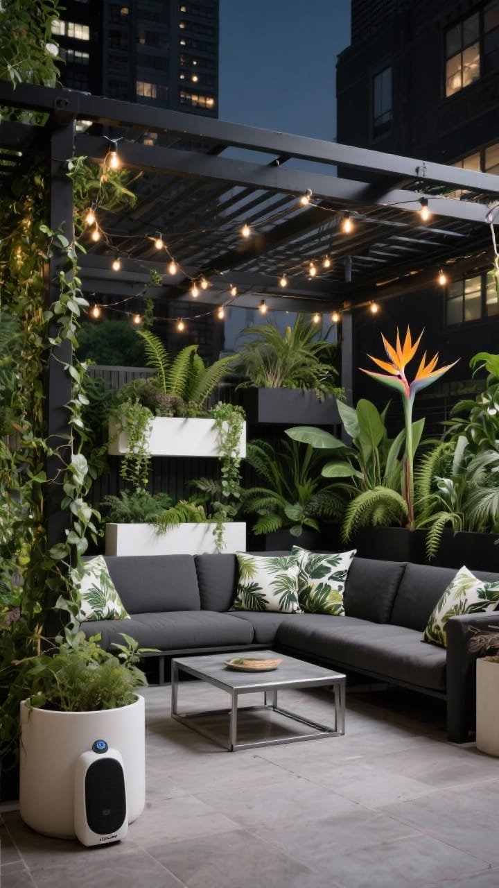 Photorealistic wide shot of an urban jungle pergola: slim black metal pergola overhead with string lights draped across beams, layered planters in black, white, and muted olive, filled with trailing vines (ivy), ferns, and tall bird of paradise; charcoal cushy outdoor L-shaped sectional with tropical-print pillows, low aluminum coffee table; optional outdoor Bluetooth speaker tucked into a planter; colors charcoal, olive, white, deep green; night scene with warm string lights; straight-on view showing lush layered greenery.