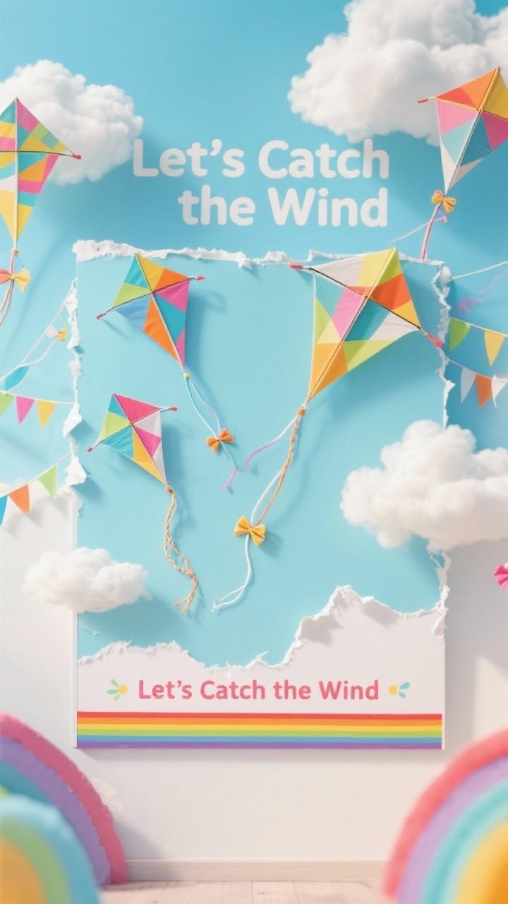 Photorealistic wide shot, straight-on, of a kite festival skies board: pale sky-blue backdrop with torn-edge soft white paper clouds for fluffy texture, bright geometric-patterned paper kites floating across the scene, long real ribbon or yarn tails cascading down with tiny bows, a chunky rainbow border, and a cheerful header “Let’s Catch the Wind”; bright, breezy daylight to convey movement.