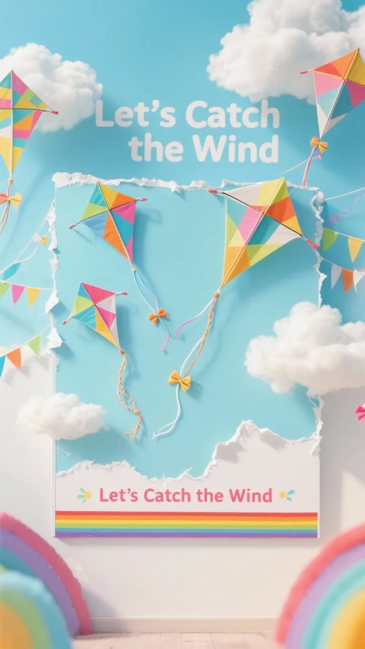 Photorealistic wide shot, straight-on, of a kite festival skies board: pale sky-blue backdrop with torn-edge soft white paper clouds for fluffy texture, bright geometric-patterned paper kites floating across the scene, long real ribbon or yarn tails cascading down with tiny bows, a chunky rainbow border, and a cheerful header &ldquo;Let&rsquo;s Catch the Wind&rdquo;; bright, breezy daylight to convey movement.