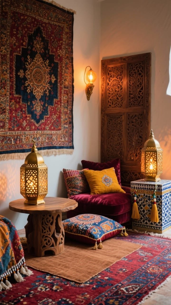 Rich, layered detail shot from low angle: Moroccan boho jewel box corner featuring a hand-knotted Moroccan rug in ruby and indigo with a cinnamon-hued mat on top, brass lanterns with pierced patterns casting intricate shadows, a carved mango wood side table, floor cushions in velvet and suzani prints, a carved wood panel/tapestry on the wall as focal point, zellige-style side table accents, tassel throws and beaded trims, warm amber bulbs producing a romantic glow, palette of ruby, saffron, indigo, antique brass, photorealistic, no people.