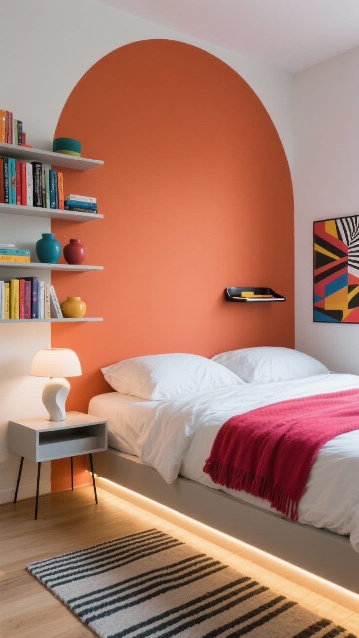 Straight-on medium shot: Color-blocked modern dorm with a rounded terracotta wall color block behind the bed. White bedding accented by a single saturated throw matching the block. A sculptural table lamp on a modern side table, thin-lined striped rug on the floor. Shelves styled with color-sorted books and coordinated ceramics; a bold graphic print and a lacquered tray complete the look. LED strip lighting under the bed adds a subtle glow. Photorealistic, clean contemporary lighting.