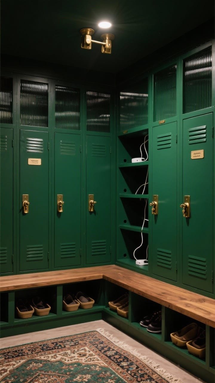 Straight-on medium-wide of a moody green locker wall: full-height lockers painted deep olive/pine green; ribbed glass uppers, solid lower doors; integrated solid-wood bench; inside lockers, glimpses of charging shelves with cord cutouts; pull-out shoe trays under the bench; burnished brass latches and library label pulls; aged-brass double-cylinder flush mount overhead; vintage Turkish runner on the floor; rich, cozy lighting.