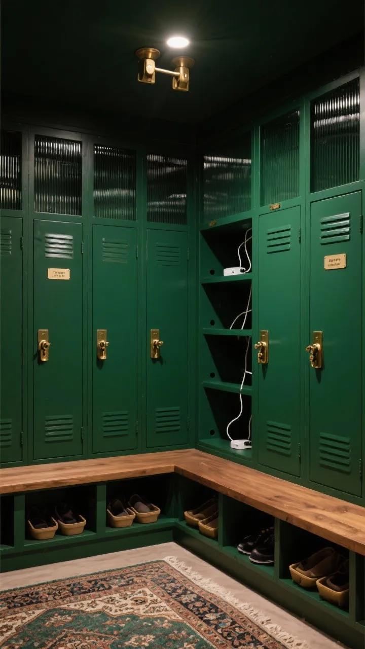 Straight-on medium-wide of a moody green locker wall: full-height lockers painted deep olive/pine green; ribbed glass uppers, solid lower doors; integrated solid-wood bench; inside lockers, glimpses of charging shelves with cord cutouts; pull-out shoe trays under the bench; burnished brass latches and library label pulls; aged-brass double-cylinder flush mount overhead; vintage Turkish runner on the floor; rich, cozy lighting.