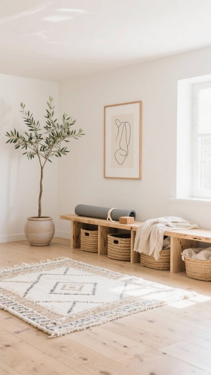 Straight-on medium-wide shot: Scandinavian boho calm with pale wood floors, eggshell walls, a low birch storage bench housing props, a cream-and-sand Moroccan-style rug softening the space, a single leafy olive tree in a simple ceramic planter, framed line art in thin oak frames, a soft gray yoga mat with a cork block and natural beige cotton strap, flax linens and light oak accents, lidded baskets tucked under the bench to hide clutter, bright breathable daylight, photorealistic, no people.