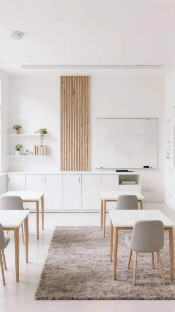 Straight-on wide shot, Cloud White with Wood Slat Moments: soft cloud white walls with a narrow vertical wood-slat feature behind the teacher desk; white desks with beech legs and dove gray chairs; closed white cabinets for storage; a plush low-pile warm gray rug anchoring the front of the room; slim wall shelves with small plants and neutral bookends; bright, serene daylight, ultra-clean and calming, photorealistic.