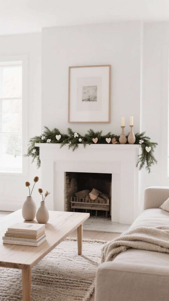 Wide, airy photorealistic Scandinavian scene: everything in soft whites and mushroom taupe; mantel draped with a low-profile evergreen garland peppered with white berries and tiny wooden hearts; pale oak-framed print, simple ceramic bud vases, beeswax tapers; pale oak coffee table, oatmeal linen sofa, flatweave rug; stack of linen-bound books and a folded wool throw; diffuse natural daylight for calm serenity.
