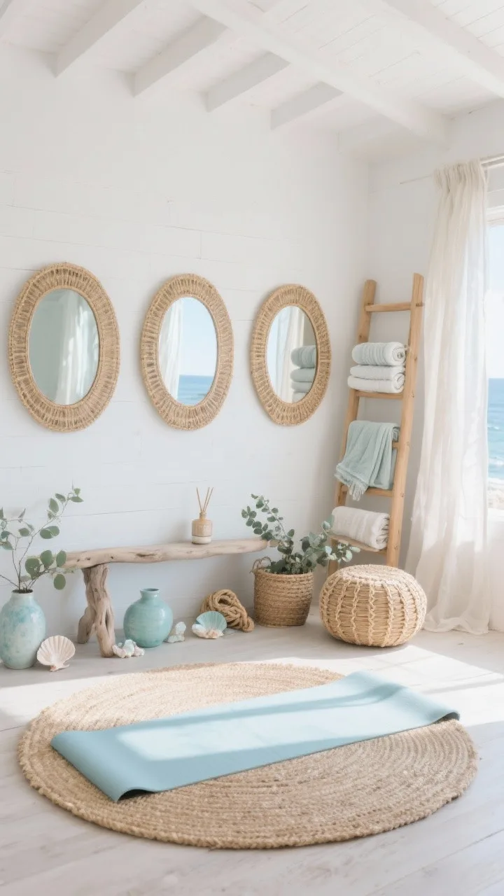 Wide airy room shot with coastal light: Coastal boho breeze featuring whitewashed walls, driftwood tones, soft sea-glass accents, a seagrass round rug centered beneath a pale blue yoga mat, trio of rattan mirrors reflecting sunlight, a light oak ladder leaning with rolled towels and blankets, gauzy linen curtain billowing, palette of soft white, sand, seafoam, pale blue, shell-toned ceramics and rope baskets on the side, woven pouf, eucalyptus and sea salt diffuser on a small shelf, photorealistic, no people.