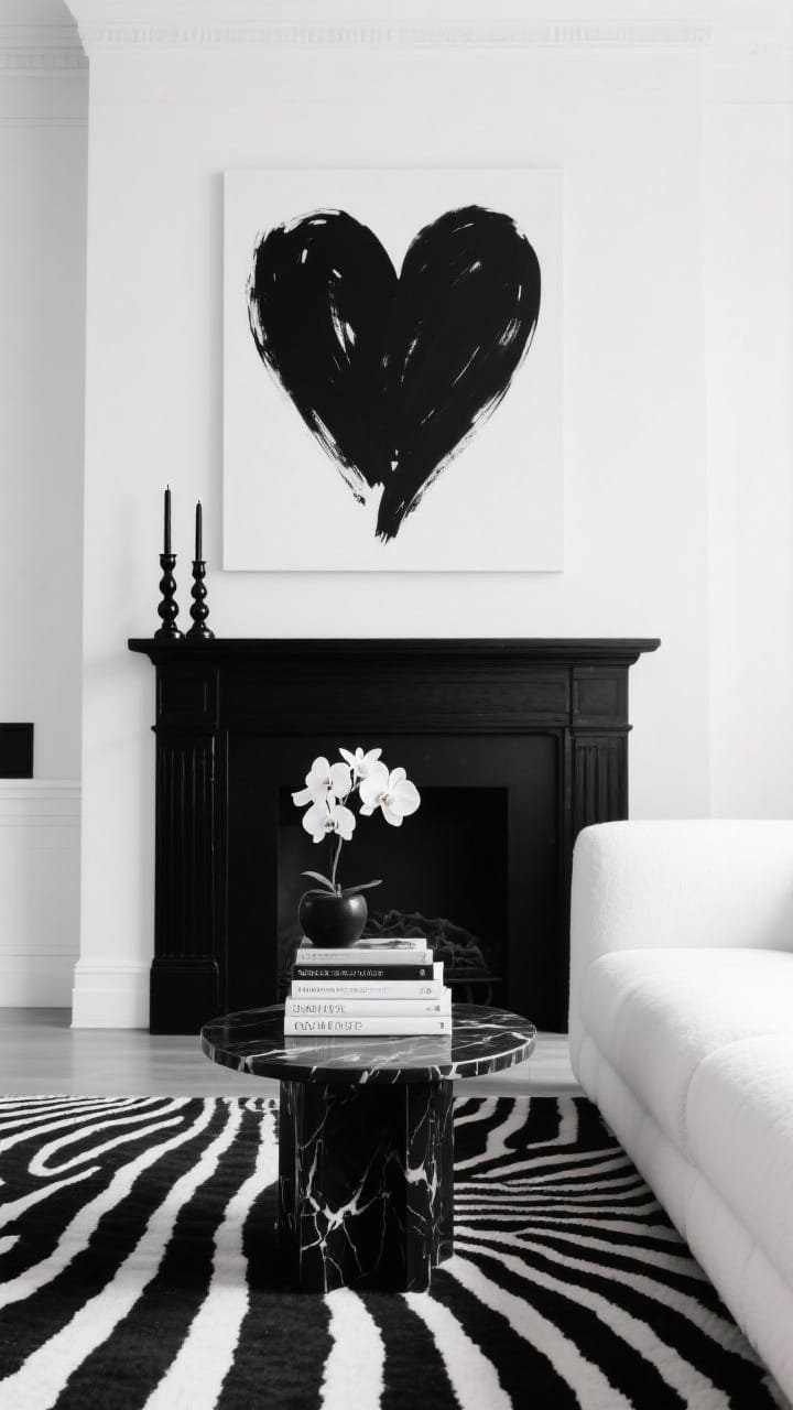 Wide, editorial black-and-white photorealistic shot: white wall with a black-painted mantel; large graphic heart print in bold black brushstrokes centered above; glossy black candlesticks, a neat stack of coffee table books, and a single white orchid for minimal contrast; zebra stripe rug grounding a white sofa; black marble side table; crisp, high-key lighting for sharp monochrome impact.