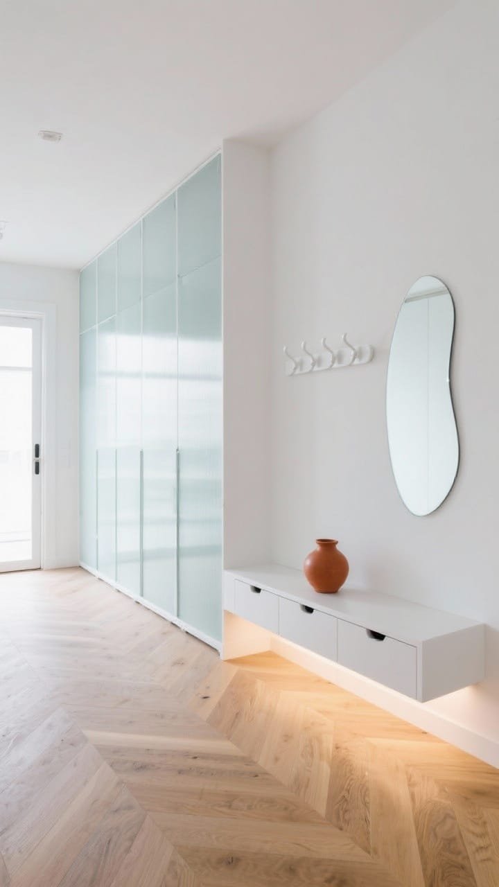 Wide, light-and-glass entry: a wall of frosted glass panels concealing storage, bouncing light; floating white bench with concealed drawers; slim powder-coated white coat rack; single curved-edge mirror; warm oak chevron floor; predominantly white-on-white palette with one statement terracotta ceramic on the bench; recessed LED toe-kicks providing subtle underglow; bright, airy, minimal composition.