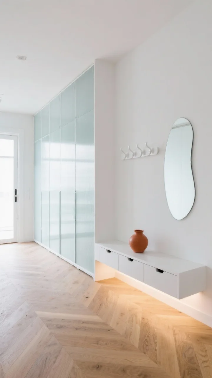Wide, light-and-glass entry: a wall of frosted glass panels concealing storage, bouncing light; floating white bench with concealed drawers; slim powder-coated white coat rack; single curved-edge mirror; warm oak chevron floor; predominantly white-on-white palette with one statement terracotta ceramic on the bench; recessed LED toe-kicks providing subtle underglow; bright, airy, minimal composition.