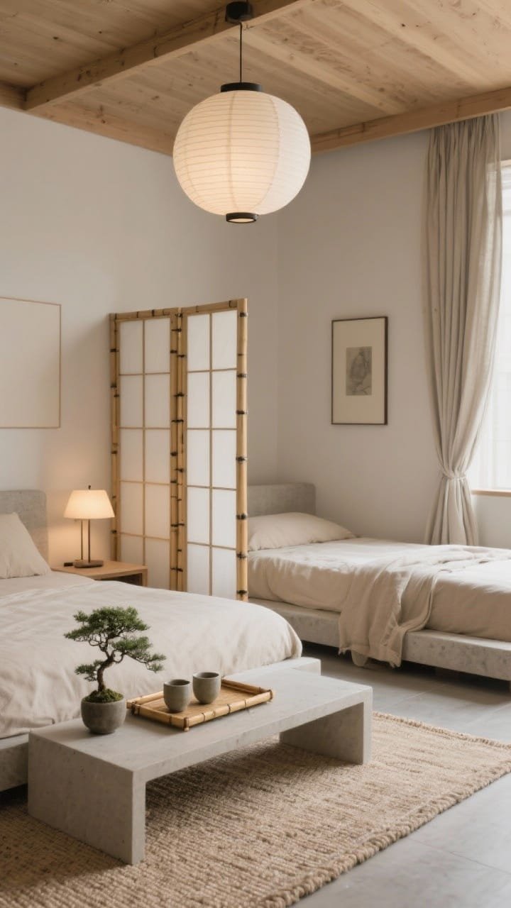 Wide low-angle shot: Japandi zen retreat with a low-profile bed in neutral sand and stone tones, bamboo and linen materials. A shoji-inspired folding screen defines the sleeping area; linen curtains, minimal wall art, and a flatweave oatmeal rug. On a low nightstand: bamboo tray with stoneware cups and a small bonsai. Rice paper lantern overhead and a dimmable bedside light for gentle illumination. Photorealistic, serene minimal mood.