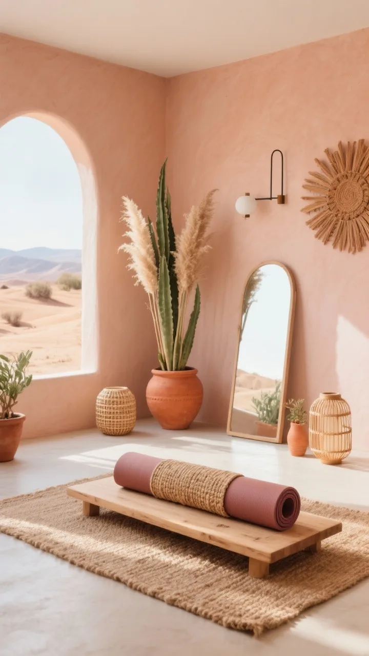 Wide room shot: A sun-washed desert oasis yoga corner with soft clay-peach walls glowing in morning light, a low natural wood platform holding a rolled yoga mat and woven bolster, a jute area rug anchoring the space, a tall sansevieria and dried pampas in a terracotta urn adding height, a simple arched mirror leaning casually in the corner, warm clay, bone white, sand, and rust palette, accents of terracotta planters, rattan lanterns, a minimal linear wall sconce, and a textured sunburst wall hanging above the mat, photorealistic, no people.