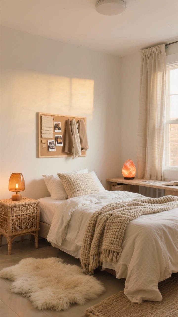 Wide shot: A calm dorm bedroom in soft creams, sandy beige, and warm white, showcasing a bed layered with a chunky knit throw, a waffle blanket, and a slightly rumpled linen duvet. Add a faux sheepskin rug at the bedside, a woven rattan nightstand with a small amber-glass lamp, linen-look curtains filtering warm light, and a salt lamp glowing near a compact desk. Include a neutral pinboard above the desk with fabric swatches and Polaroids. Photorealistic, golden-hour ambient lighting.