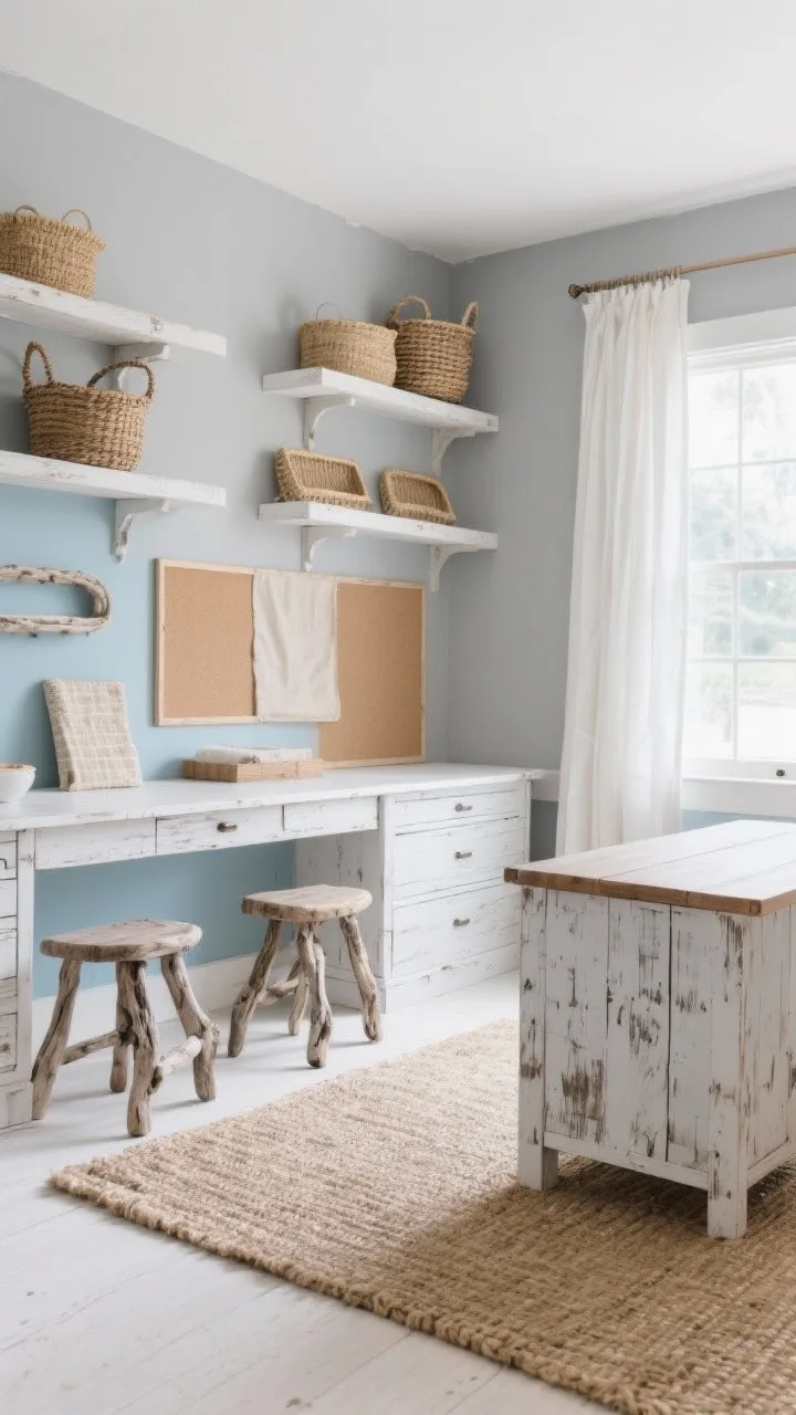 Wide shot, Coastal Driftwood Calm: misty gray walls with a whisper of blue, whitewashed wood shelving, driftwood-finish stools, a jute rug grounding the front of the room, and a teacher desk wrapped in weathered wood contact paper; decor featuring woven baskets, seagrass wall trays, soft white cotton curtains, and a corkboard with linen backing; palette of white, tan, and gray-blue; natural daylight with a breezy coastal calm, photorealistic.