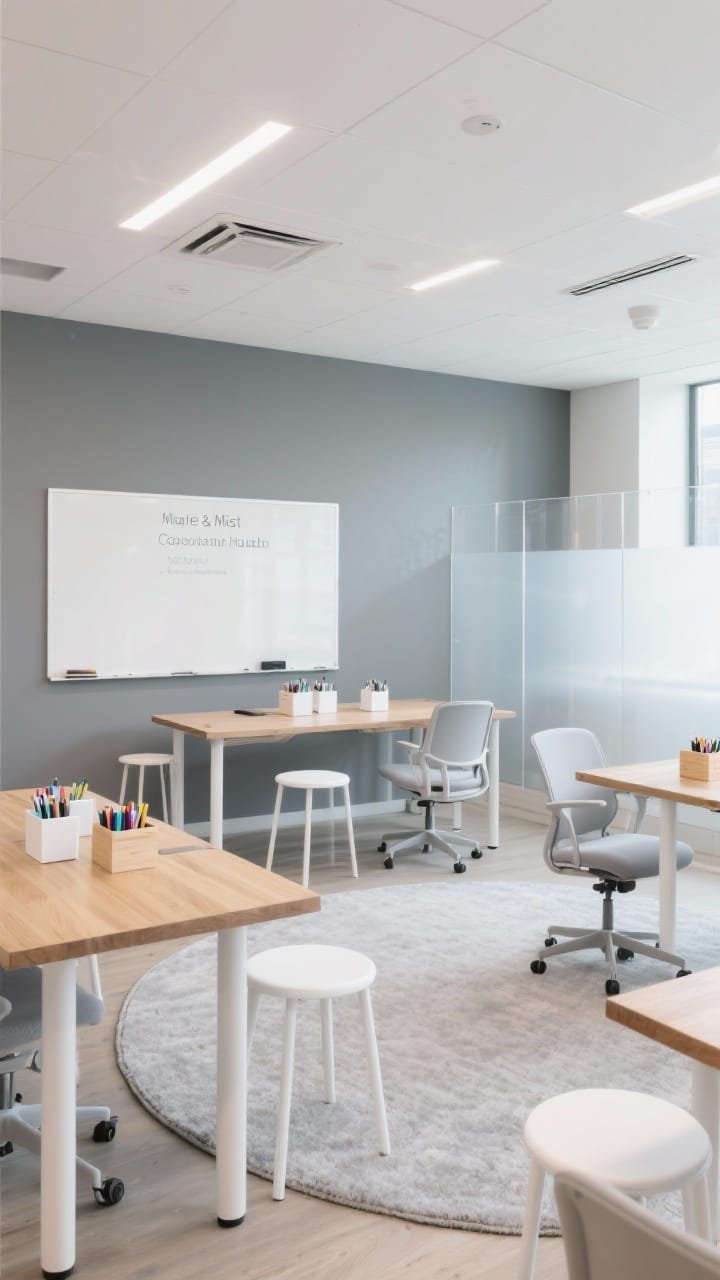 Wide shot, Maple & Mist Collaboration Hub: mist gray walls, maple-top tables on white legs arranged for group work, rolling whiteboards nearby; seating mixes white stools and soft gray task chairs; white organizers and pale wood caddies for markers; a large pale gray circular rug anchoring the collaboration zone; frosted acrylic dividers subtly defining areas; bright, even daylight, photorealistic, no people.