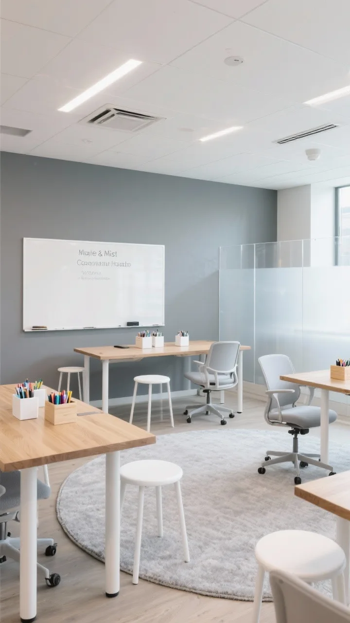 Wide shot, Maple & Mist Collaboration Hub: mist gray walls, maple-top tables on white legs arranged for group work, rolling whiteboards nearby; seating mixes white stools and soft gray task chairs; white organizers and pale wood caddies for markers; a large pale gray circular rug anchoring the collaboration zone; frosted acrylic dividers subtly defining areas; bright, even daylight, photorealistic, no people.